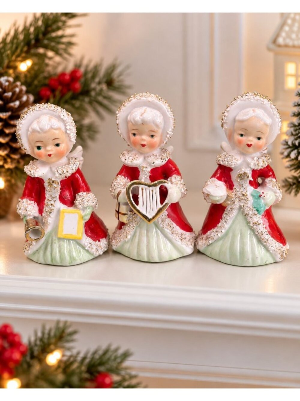 Vintage 1950s Ucagco Japan Christmas Angel Girls Set of 3 Spaghetti Trim 4.75"